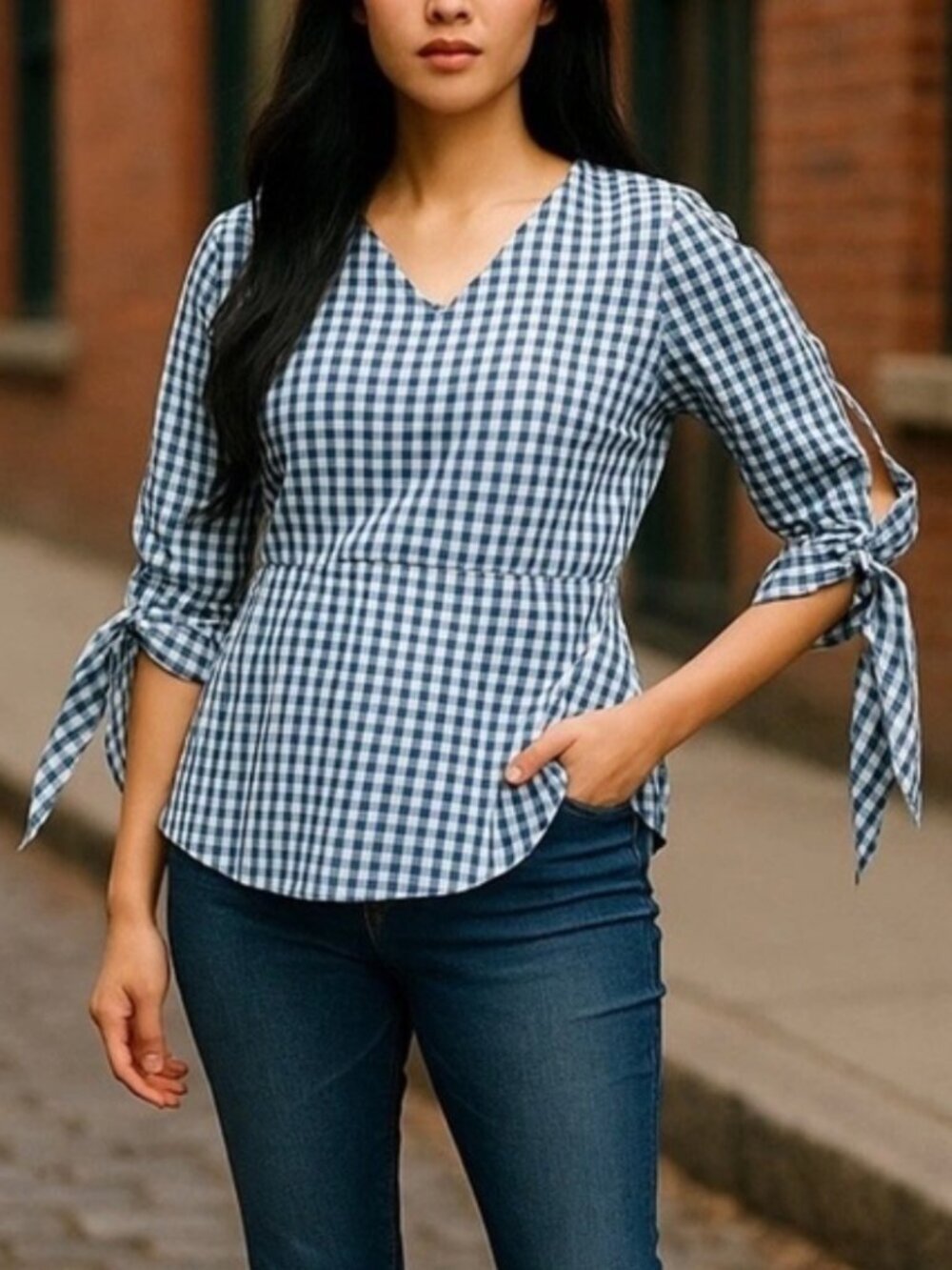 J. Crew Gingham Tie Sleeve Top Blouse Blue White Women's Size S Preppy Academia